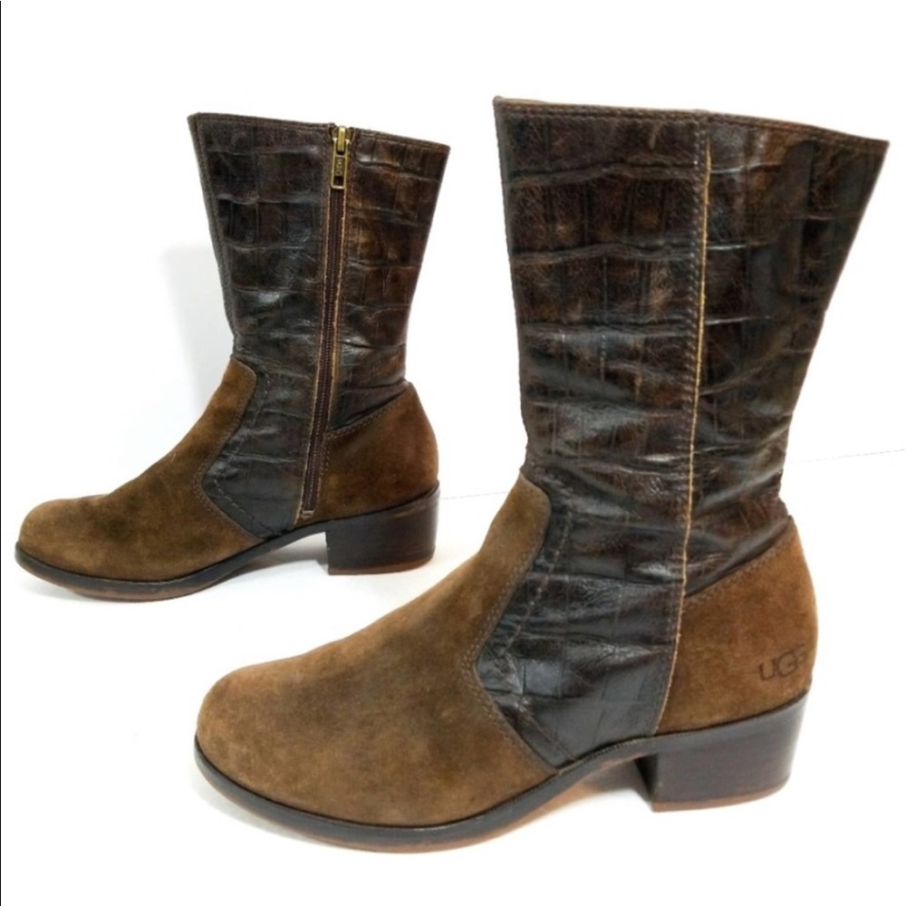 UGG Lou Croco moto brown leather crocodile textured boots 6.5 - Picture 2 of 7